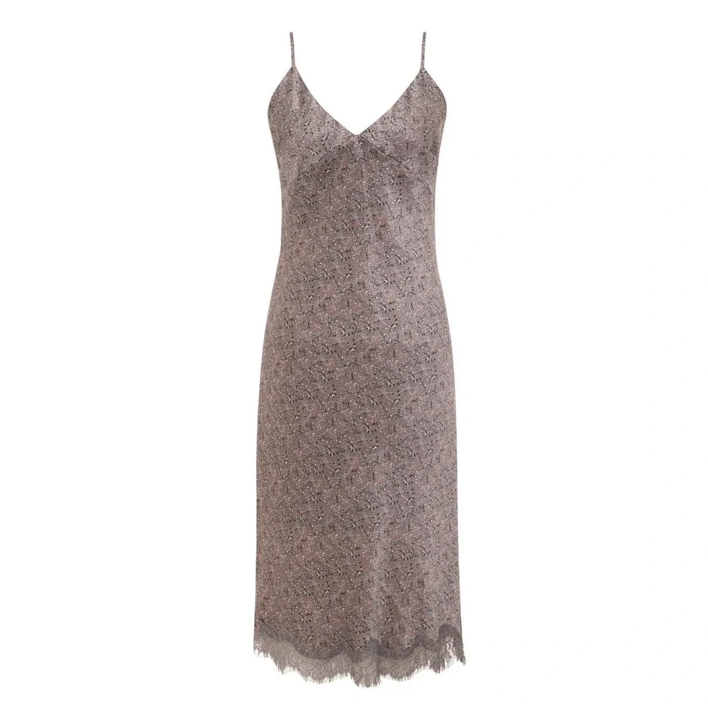 Gold Hawk Chloe Silk Slip Dress Taupe Stained Glass‎ Print Lace Hem Sz Small